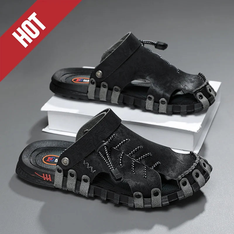 Big Size 46 Luxury Men Leather Slippers Sandals Comfortable Breathable Casual Shoes Men Fashion Sneakers Leisure Men Slippers
